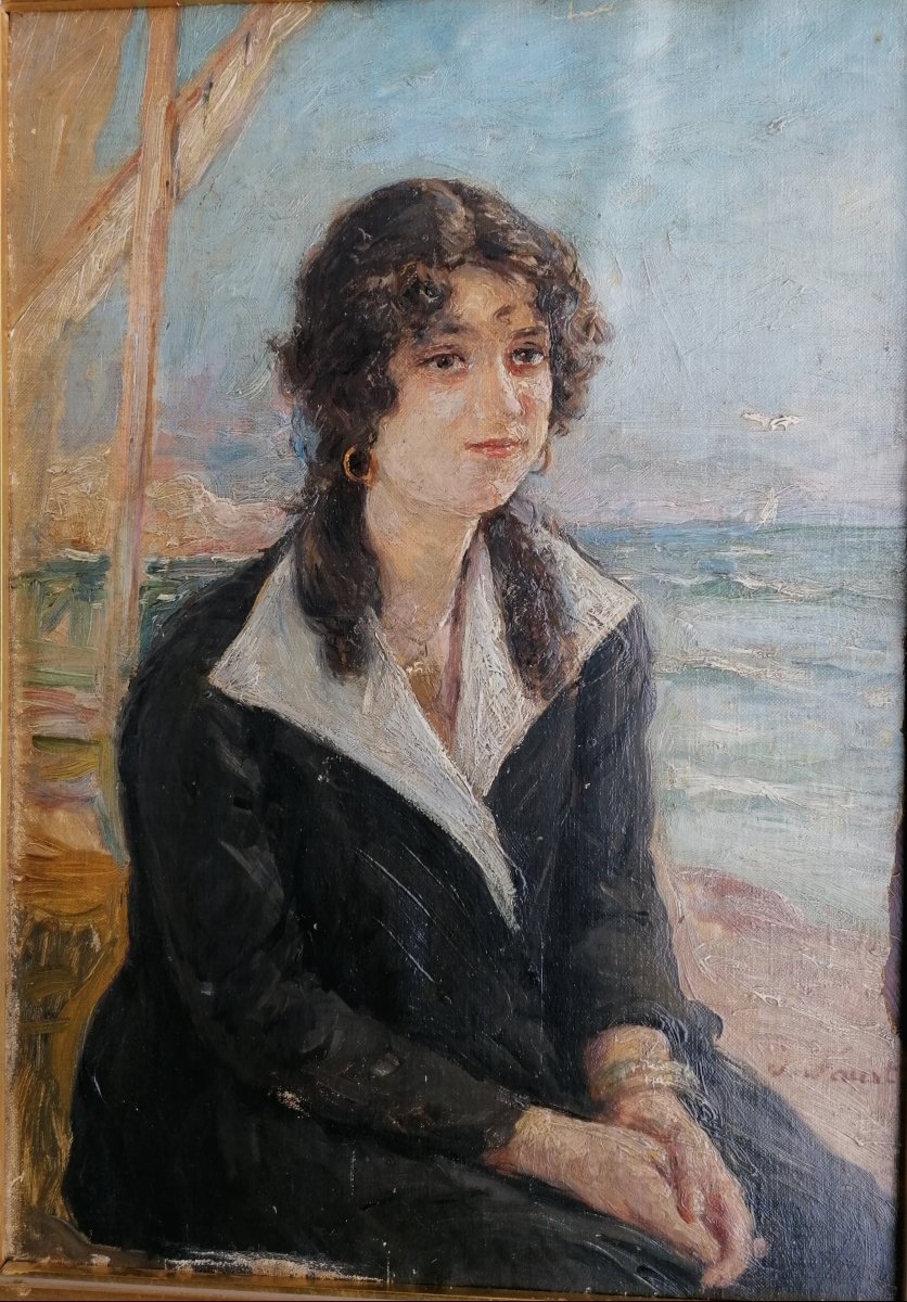 Portrait-young Woman-edge Of Beach-joseph Faust-1868 1934-ecole Provencale-