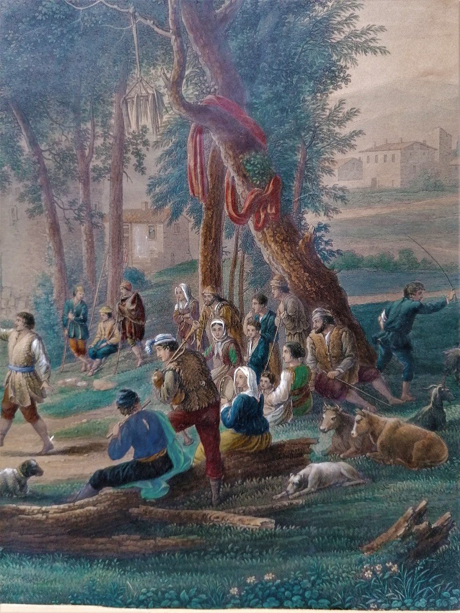 Gravure Aquarellée-rehauts De Gouache-gomme Arabique-fete Villageoise-claude Gellée-Haldenwang--photo-2