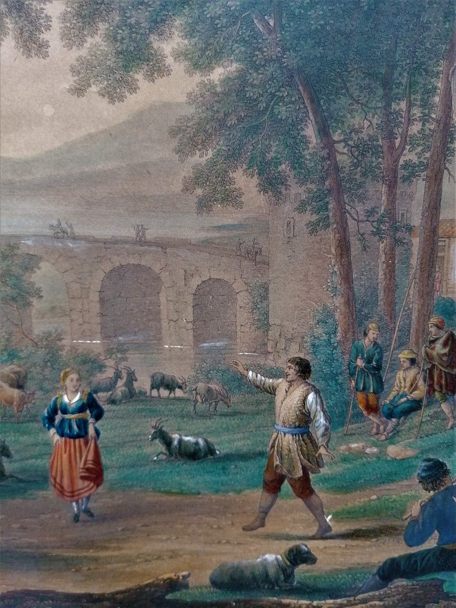 Gravure Aquarellée-rehauts De Gouache-gomme Arabique-fete Villageoise-claude Gellée-Haldenwang--photo-8