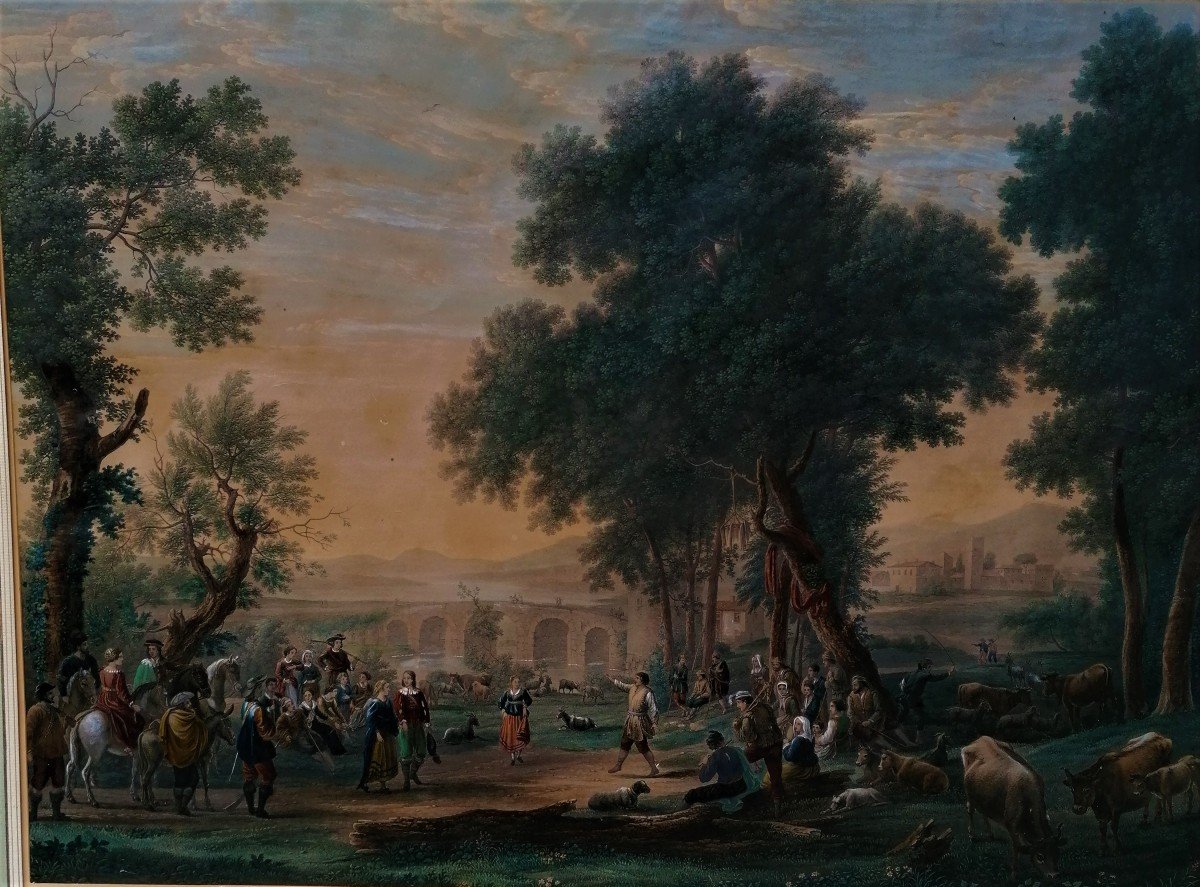 Gravure Aquarellée-rehauts De Gouache-gomme Arabique-fete Villageoise-claude Gellée-Haldenwang-