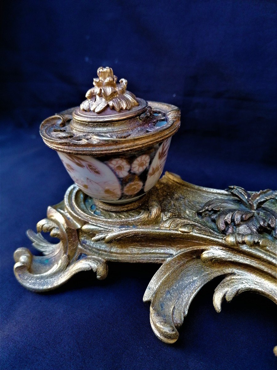 Double Inkwell - Monte Object In Bronze And Chinese Porcelain - XIX Eme Period - Louis XV Style-photo-4