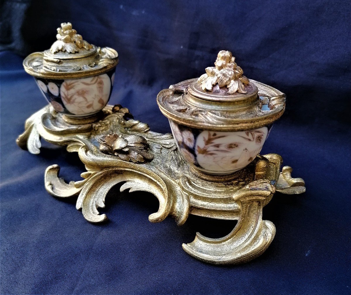 Double Inkwell - Monte Object In Bronze And Chinese Porcelain - XIX Eme Period - Louis XV Style-photo-3