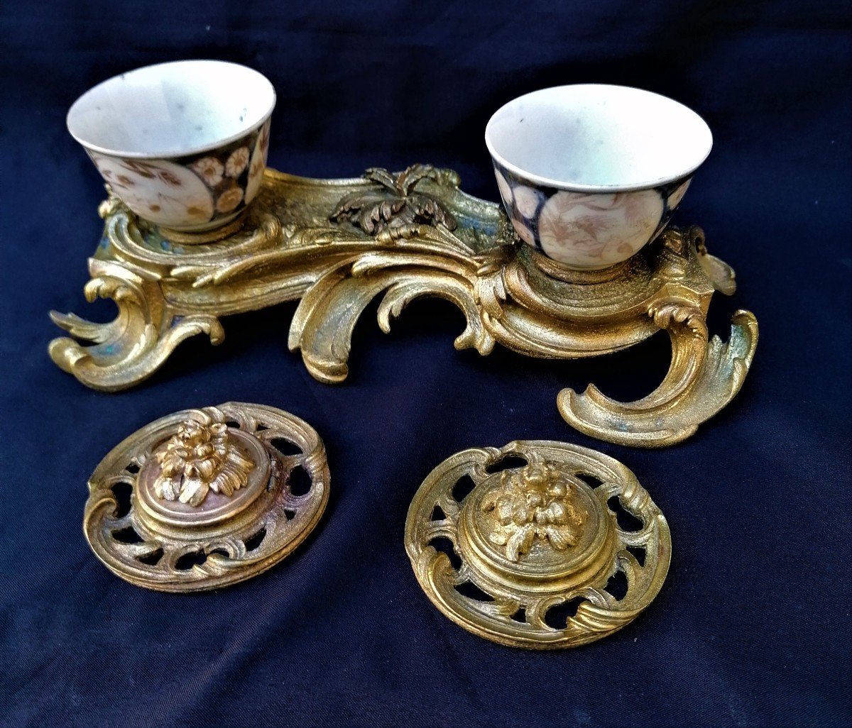 Double Encrier - Objet Monte En Bronze Et Porcelaine De Chine - Epoque XIX Eme - Style Louis XV-photo-4