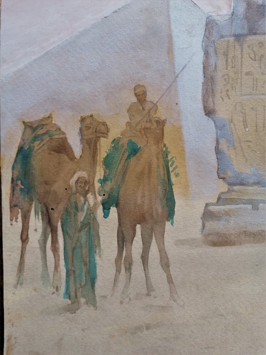 Aquarelle - Francesco Longo Mancini - Orientaliste - Egypte - Colosses De Memnon --photo-3