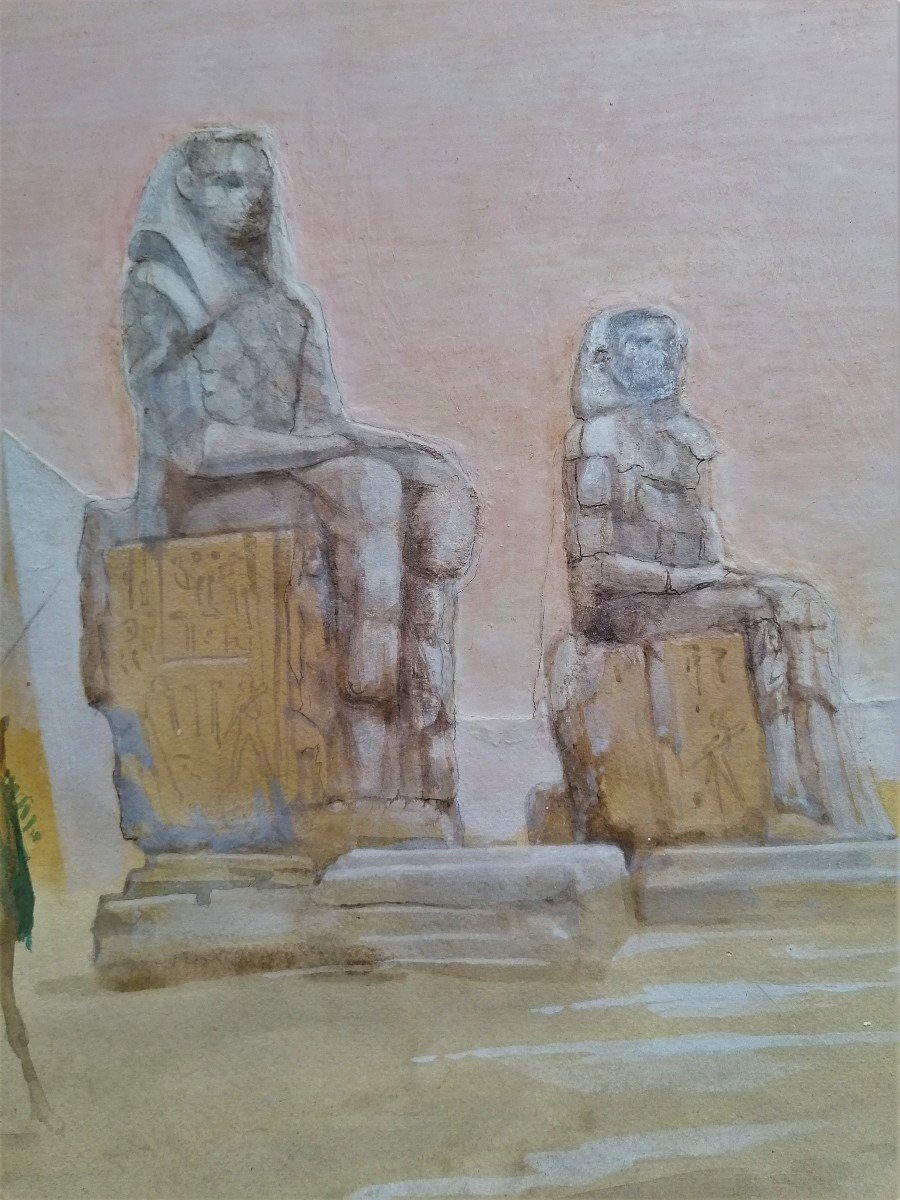 Watercolor - Francesco Longo Mancini - Orientaliste - Egypt - Colossi Of Memnon --photo-4