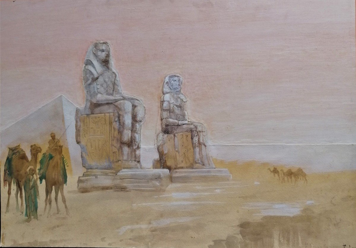 Watercolor - Francesco Longo Mancini - Orientaliste - Egypt - Colossi Of Memnon -