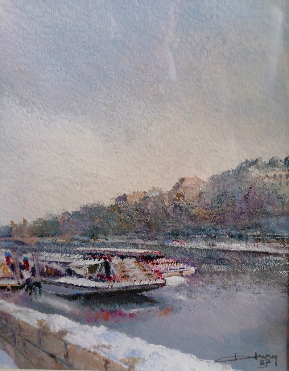 Gouache - Quai De Seine - Paris - Bateaux Mouches - Signature - 1927 --photo-4