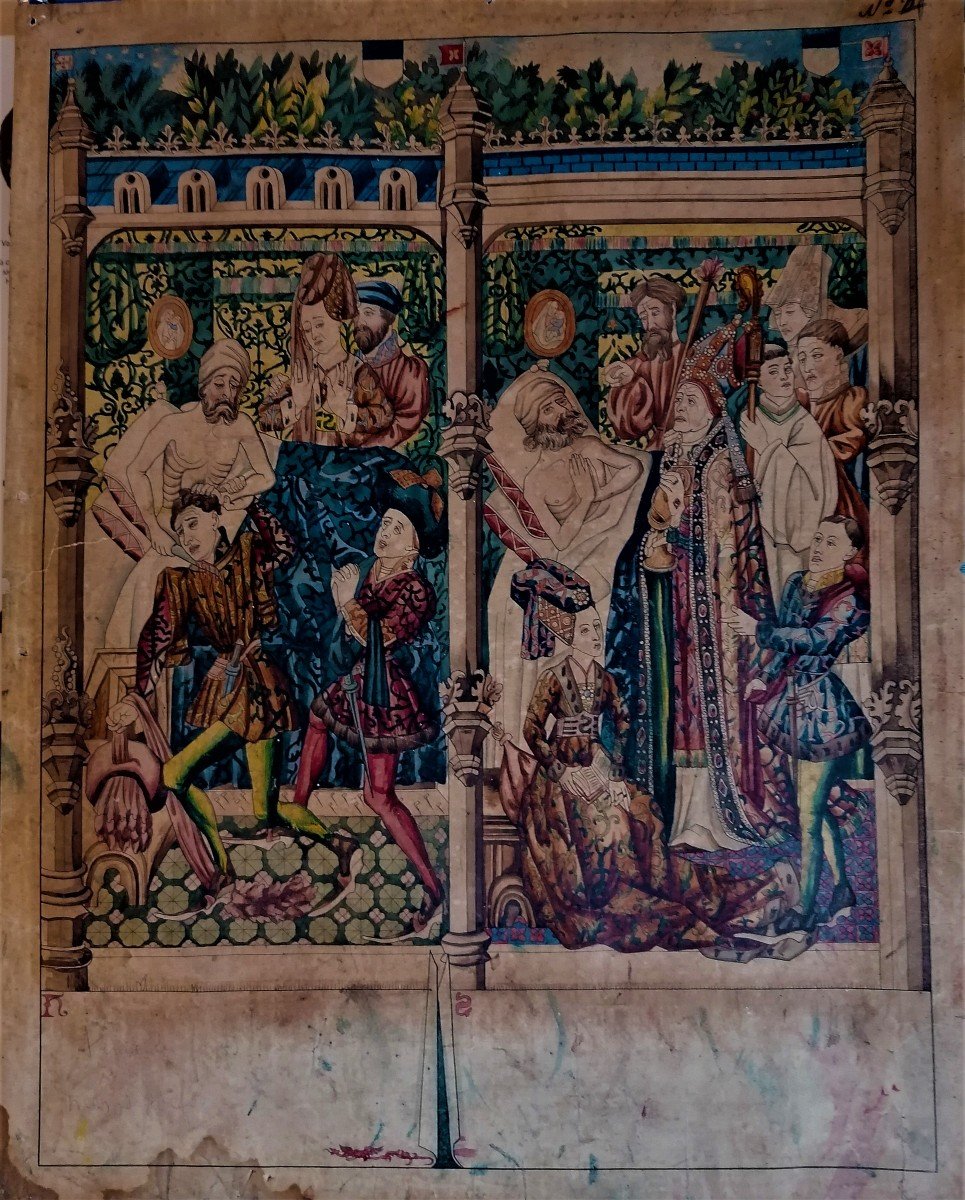 Watercolor - D Apres Rogier Van Der Weyden - Bruxelles - Bern - Herkenbald - Tapestry --photo-2