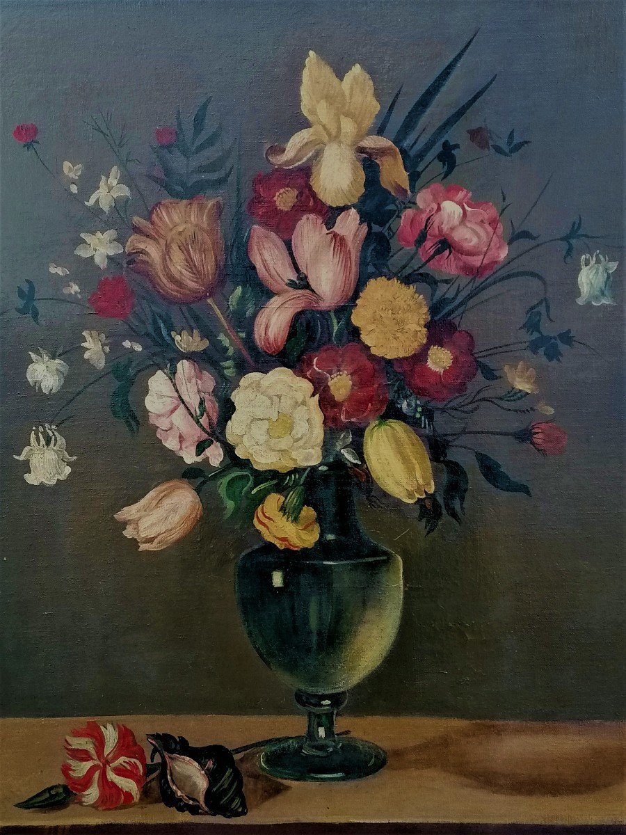 Huile Sur Toile - Nature Morte Aux Fleurs et Coquillage - Epoque Fin XIX ème Siècle --photo-1