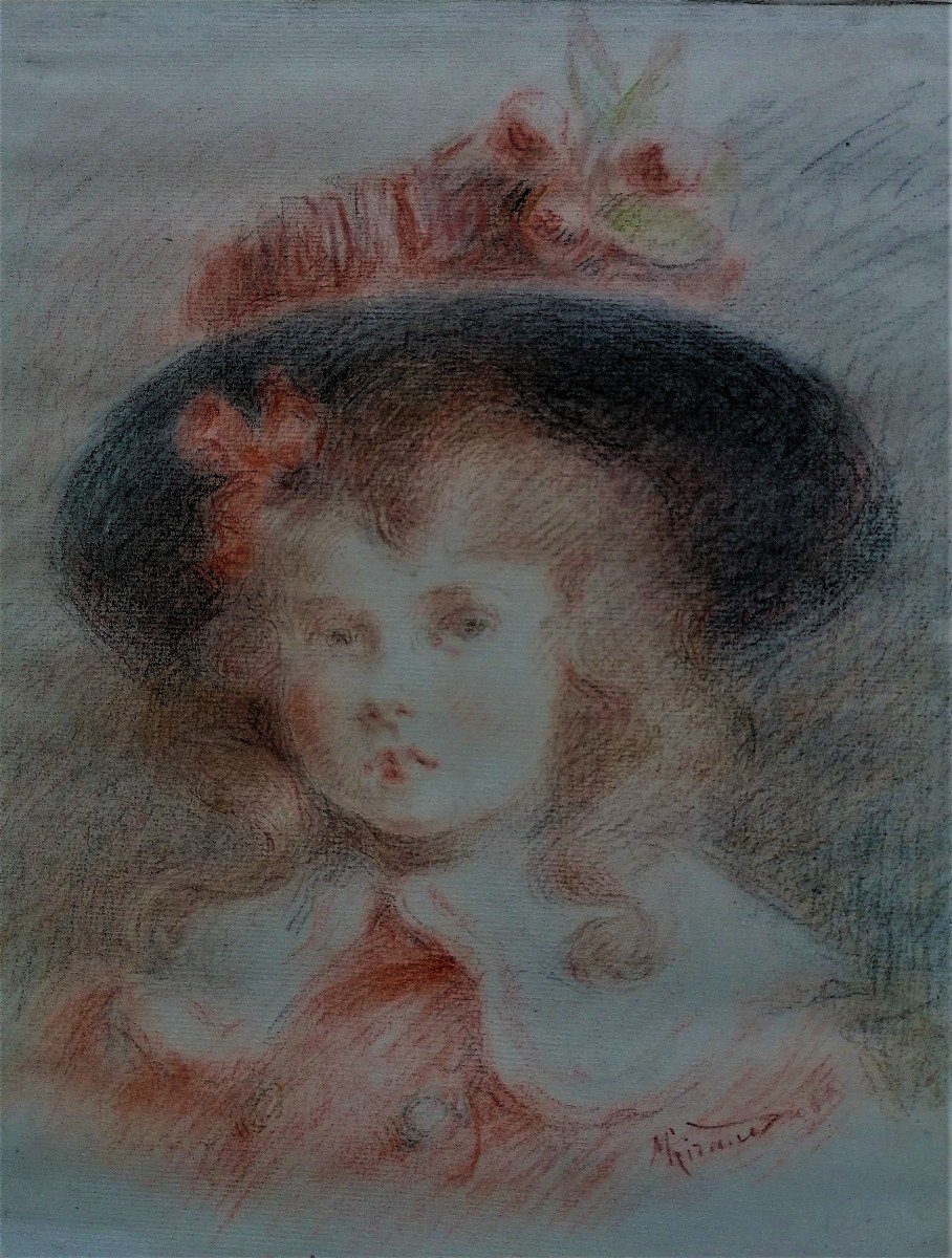 Dessin Aux Trois Crayons - Portrait D une Petite Fille - Impressionniste - M. Giraud ?- XIX Eme-photo-2