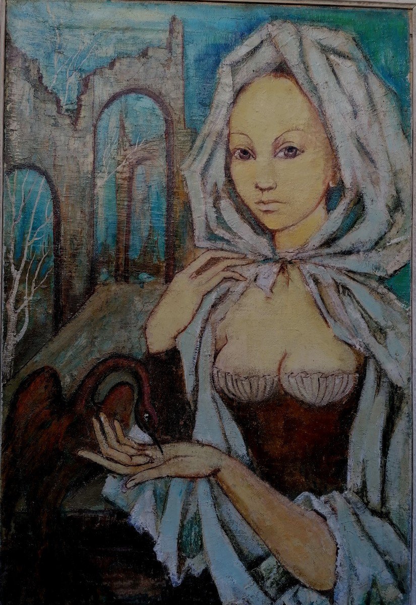 Marc Soudain - Ecole Symboliste - Jeune Femme A l'Oiseau - XX Eme Siècle - 80 x 54 cm a vue -