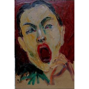 Portrait Expressionniste - Circa 1950-1960 - Huile Sur Carton -