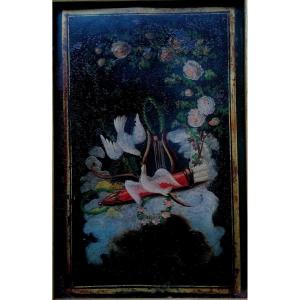 Oil On Metal - Still Life With Doves And Flowers - End XVIII Or Beginning XIX -