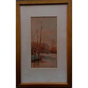 Watercolor - Landscape - Riverside - A. Grimaud - Late 19th Century - Barbizon -