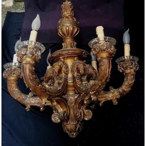 Lustre En Bois Doré Et Laqué De Style Louis XIV - Epoque XIX Eme -