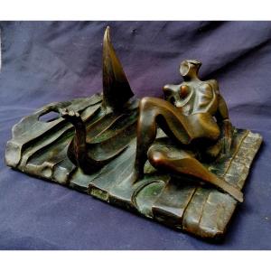 Sculpture en Bronze - Antonio Tammaro 1968 - Jeune Femme Sur La Plage - 