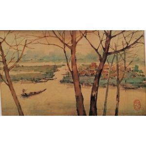 Aquarelle - Paysage Animé au Vietnam - Epoque XX Eme Siècle - Signature A Identifier -