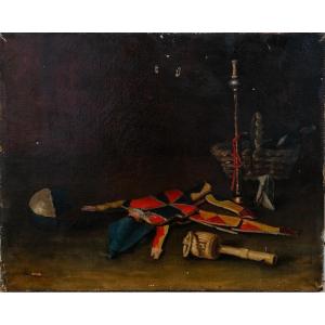 Oil On Canvas - Still Life With Toys - Harlequin - Balloon - Whistle - Paper Cocotte - 19th Century