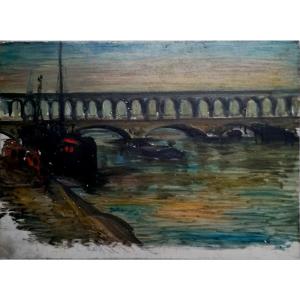 Huile sur Panneau - Pont De Bercy - Paris - La Seine - Circa 1950 -