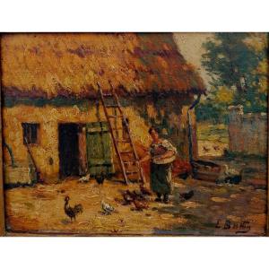 Léon Ballin - Huile sur Bois - Ferme Animée - Basse-cour - Impressionniste - XIX-XXème  - 1/2 -