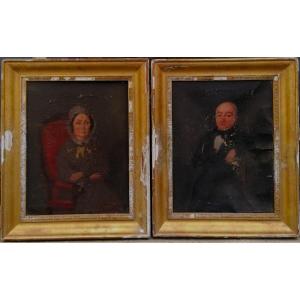Paire de Portraits A Restaurer - Circa 1830 - Huile Sur Toile - 