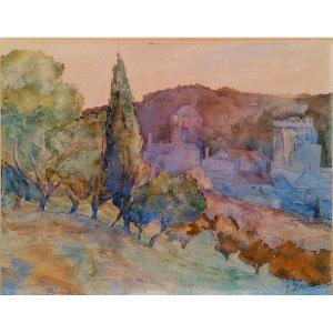 Watercolor - Signature - Landscape - 20th Century - Frame Atelier Mériot In Rochefort Sur Mer -