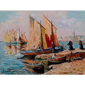 Oil On Canvas - Marine - Port Breton - G. Brunet 1979 - Fishing Return Scene - 