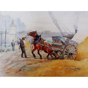 Aquarelle - Odette Durand ( 1885-1972 ) Dite Dett - Attelage Sur Les Quais -  
