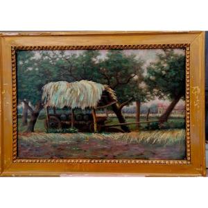 HUILE SUR TOILE - SCENE DE CAMPAGNE - VICTOR  CAU ? - POST IMPRESSIONNISTE - XXEME -