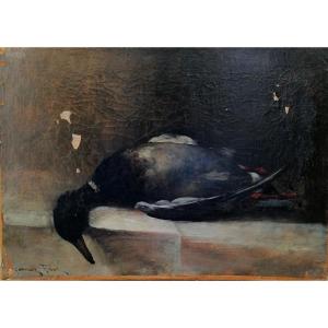 GERMAIN RIBOT 1845-1893 - HUILE SUR TOILE - NATURE MORTE AU COL VERT - CHASSE - A RESTAURER -