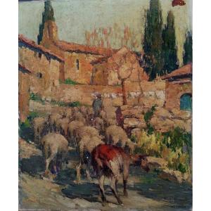 MARCEL CARRON - BEZIERS - OCCITANIE - PIERRERUE - PAYSAGE- TROUPEAU - SALON 1953 - HST -