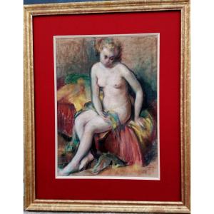 LEON ARROTIN - ECOLE BELGE - PASTEL ET TECHNIQUE MIXTE - NU ASSIS - XXEME -