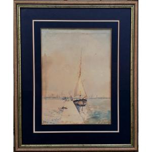 ALPHONSE REY - AQUARELLE - MARINE - VUE D'UN PORT - MER MEDITERRANEE - 1/2 -