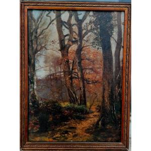 M. LACUSSAN - HUILE SUR CARTON- SOUS BOIS DANS LES LANDES - CIRCA 1930 -