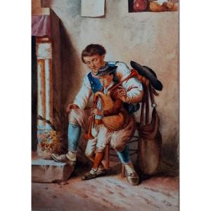 AQUARELLE - LA LECON DE BINIOU - BRETAGNE - QUIMPER - XXEME -