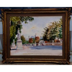 H. BARANDE - AQUARELLE - JARDIN DU LUXEMBOURG A PARIS - XXEME -