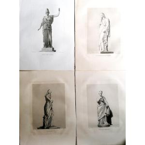 QUATRE GRAVURES MYTHOLOGIQUES 8/60 - JULIE - MINERVE ARMEE DE L'EGIDE - VESTALE - ROMAINE -XIXE
