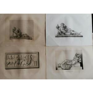 QUATRE GRAVURES MYTHOLOGIQUES 20/60 - LE TIBRE - CLEOPATRE - GLADIATEUR - SACRIFICES - XIXEME -