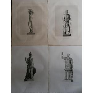 QUATRE GRAVURES MYTHOLOGIQUES 52/60 - GENIE - CAIUS CALIGULA - MINERVE - PERSONNAGE - XIXEME -