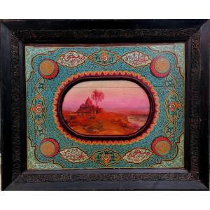 JOSE ORTEGA - PAYSAGE ALGERIEN - CADRE SCULPTE MAIN AGREMENTE D'UNE RARE ENLUMINURE - XXEME -