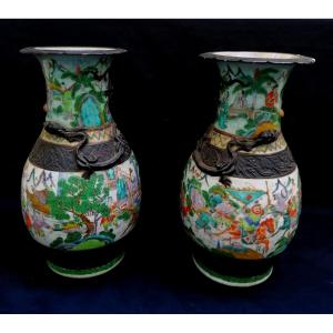 Pair Of Porcelain And Painted Gres Vases In The Style Of The Nanking Green Family - China