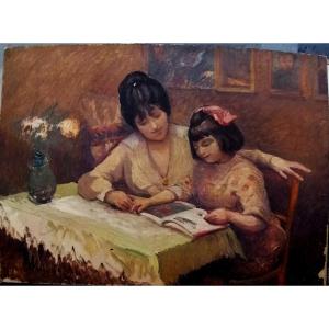 Oil On Canvas - Post-impressionist French School - Reading - 20th Century - 73 X 100 Cm