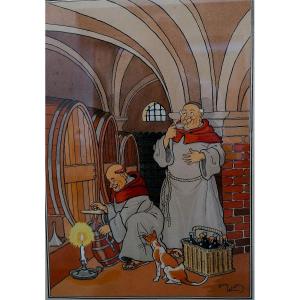 POCHOIR - LITHOGRAPHIE - HARRY ELIOTT - LES MOINES AU CHAIS -