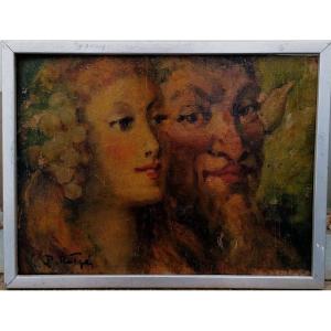 PROSPER ROTGE - HUILE SUR PANNEAU - PORTRAIT DE BACCHUS ET ARIANE - XXEME SIECLE - 