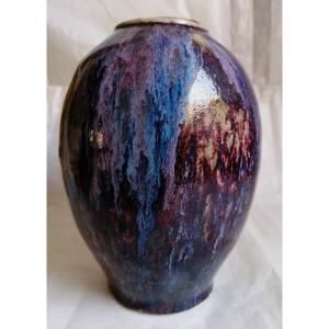 Glazed Stoneware Vase In Wine-red, Blue, And Purple Shades, Shaped Like Flowers -
