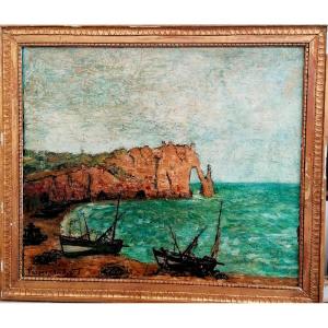 SALVADOR VASQUEZ DEL RIO 1907-1967 - PLAGE D'ETRETAT - MARINE - HUILE SUR ISOREL - 