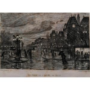 GASTON PRUNIER 1863-1927 - EAU FORTE TITREE " LA PLACE DE L'HOTEL DE VILLE - LE HAVRE - 1892 -