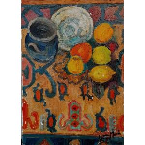 HUILE SUR TOILE - NATURE MORTE POST IMPRESSIONNISTE SYMBOLISTE - SIGNATURE - 1962 -