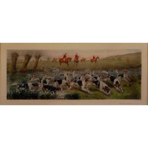EDWARD ALGERNON STUART DOUGLAS - GRAVURE SCENE DE CHASSE A COURRE - XXME -