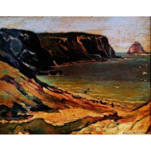 HUILE SUR BOIS - MARINE - VUE DE LA BRETAGNE - XXEME SIECLE - TRACE DE SIGNATURE -